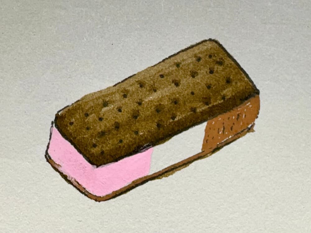 A drawing of a neopolitan ice cream sandwich.