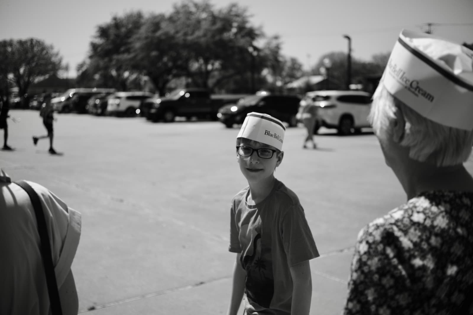 Owen with a Blue Bell ice cream hat