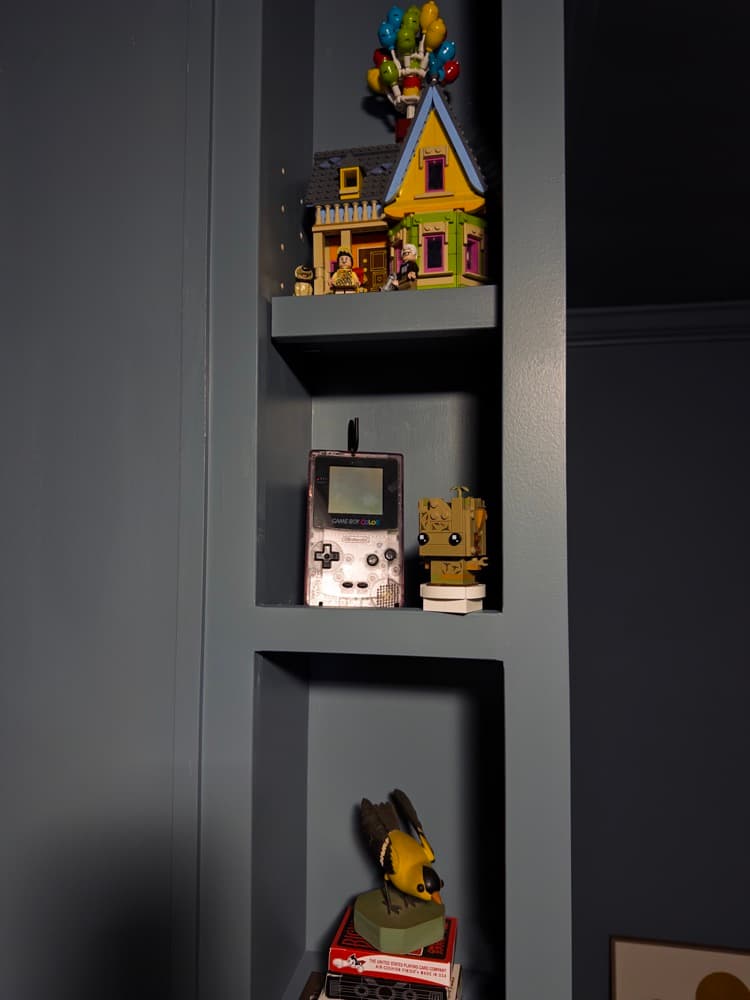 New floor-to-ceiling library shelves in the renovated office