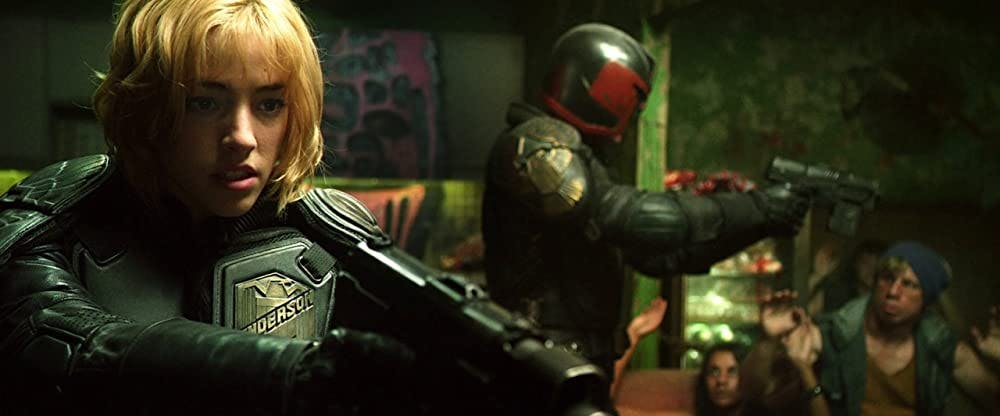 A still featuring Anderson and Dredd from the film Dredd (2012).